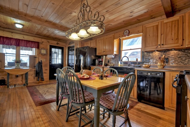 dining space featuring a healthy amount of sunlight, light wood-style floors, and wood ceiling