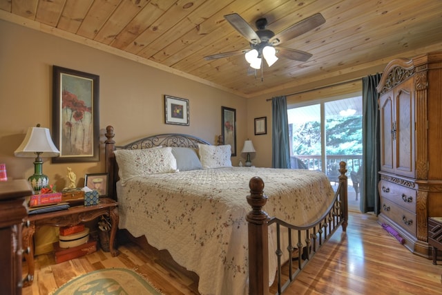 bedroom with wooden ceiling, ceiling fan, ornamental molding, and light wood-style floors