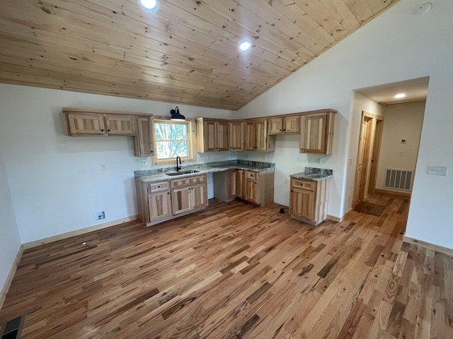 60 Lazy Creek Ln, Murphy, NC 28906 - kitchen with light wood-style floors, wooden ceiling, high vaulted ceiling, recessed lighting, and stone countertops