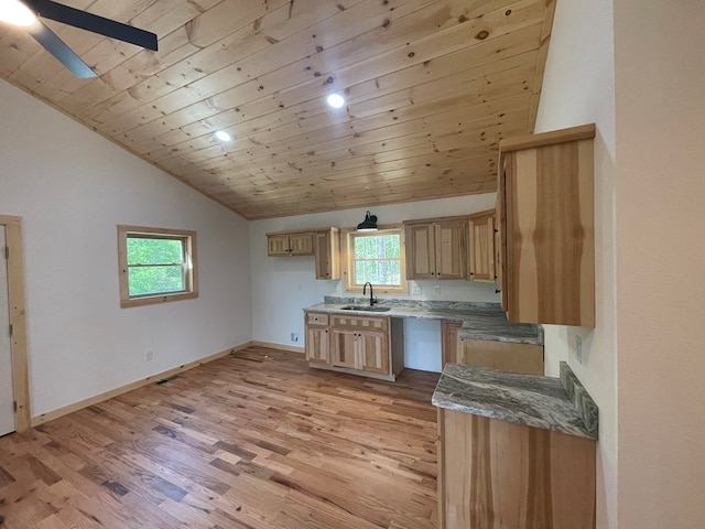 60 Lazy Creek Ln, Murphy, NC 28906 - kitchen with lofted ceiling, wood ceiling, light wood-style floors, a ceiling fan, and light brown cabinets