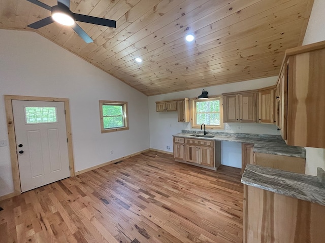 60 Lazy Creek Ln, Murphy, NC 28906 - kitchen with light wood-style flooring, lofted ceiling, ceiling fan, wood ceiling, and light brown cabinetry