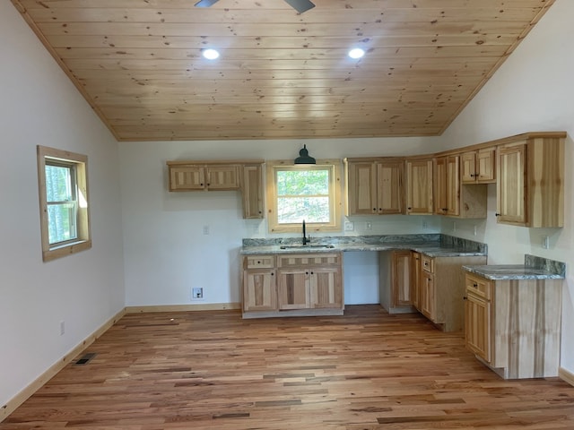60 Lazy Creek Ln, Murphy, NC 28906 - kitchen with wooden ceiling, vaulted ceiling, light wood-style flooring, light brown cabinetry, and stone countertops