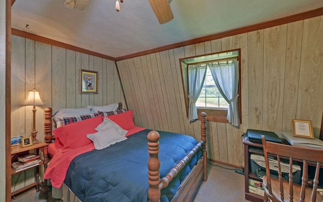 605 W Wildcat, Clarkesville, GA 30523 - carpeted bedroom with wooden walls, crown molding, baseboards, and ceiling fan