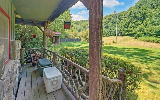 605 W Wildcat, Clarkesville, GA 30523 - wooden deck with a wooded view and a lawn