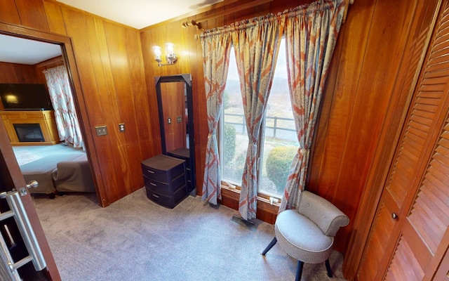 sitting room with carpet flooring and wooden walls