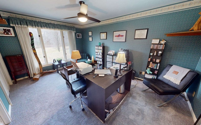 carpeted home office with ceiling fan