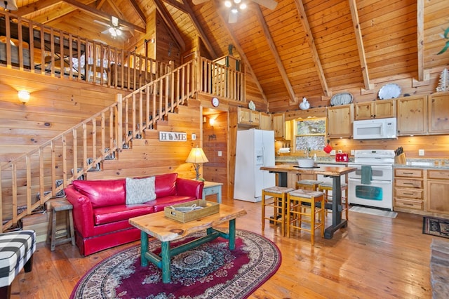 living room with a ceiling fan, wooden walls, wood ceiling, high vaulted ceiling, and light wood-style floors