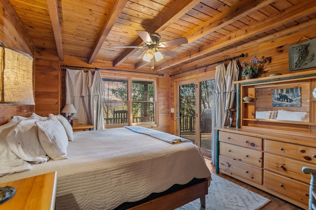 bedroom with wooden walls, access to exterior, wood ceiling, beamed ceiling, and wood finished floors