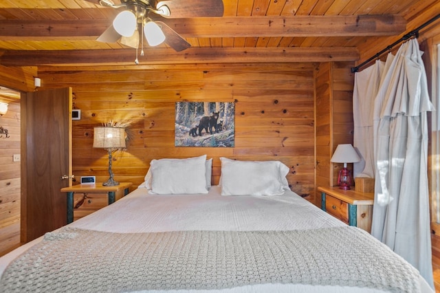 bedroom with wooden ceiling, beam ceiling, and wooden walls
