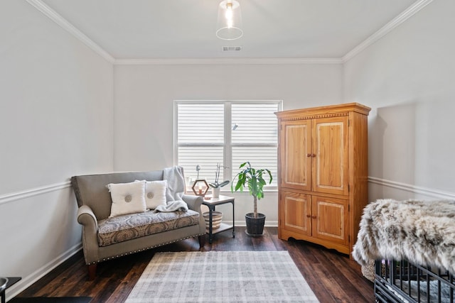 interior space featuring dark wood-type flooring, crown molding, and visible vents