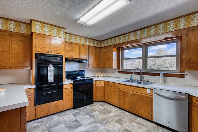2915 Airport Rd, Marble, NC 28905 - kitchen with light countertops, a sink, under cabinet range hood, wallpapered walls, and black appliances