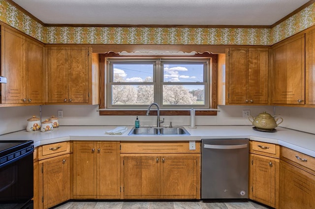 2915 Airport Rd, Marble, NC 28905 - kitchen featuring light countertops, brown cabinets, wallpapered walls, a sink, and stainless steel dishwasher