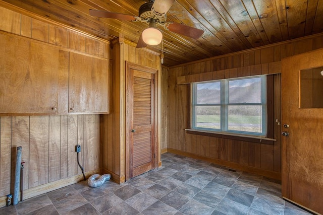2915 Airport Rd, Marble, NC 28905 - interior space featuring baseboards, ceiling fan, wooden walls, and wood ceiling