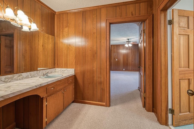 2915 Airport Rd, Marble, NC 28905 - bathroom with ceiling fan with notable chandelier, wood walls, carpet, and a textured ceiling