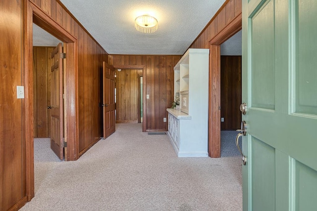 2915 Airport Rd, Marble, NC 28905 - hall featuring light carpet, wood walls, and a textured ceiling