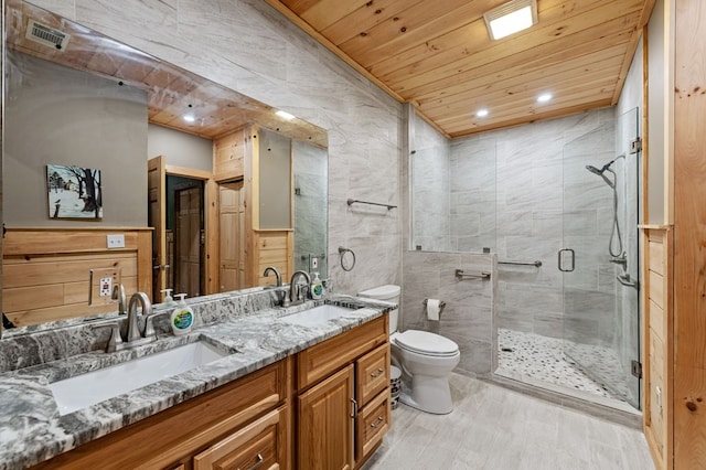 30 The Forest Rd, Blue Ridge, GA 30513 - bathroom featuring double vanity, a stall shower, toilet, wooden ceiling, and recessed lighting