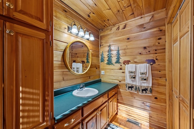 30 The Forest Rd, Blue Ridge, GA 30513 - bathroom with vanity, wooden walls, and wood ceiling