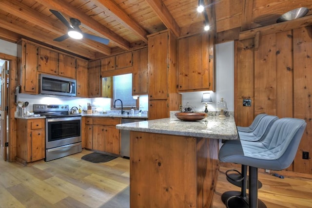 kitchen featuring stainless steel appliances, light hardwood / wood-style floors, kitchen peninsula, ceiling fan, and wood ceiling