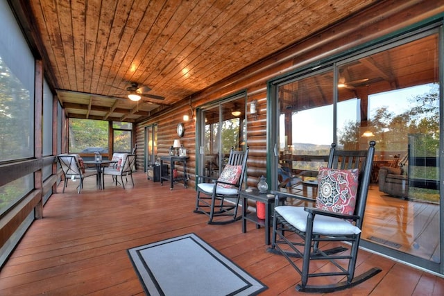 sunroom / solarium featuring ceiling fan and wood ceiling