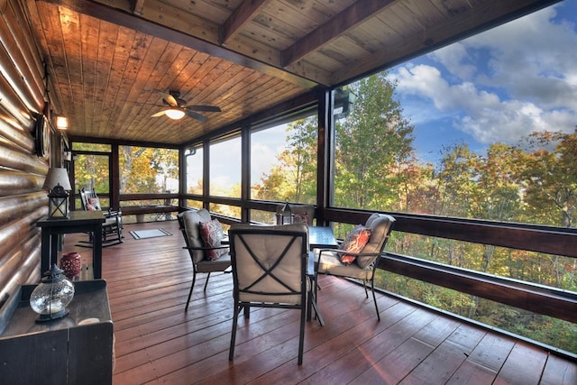 unfurnished sunroom with ceiling fan and wood ceiling