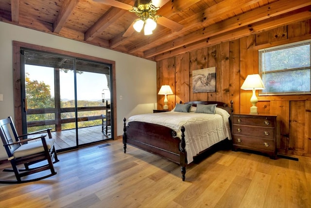 bedroom with wooden ceiling, multiple windows, and light wood-type flooring