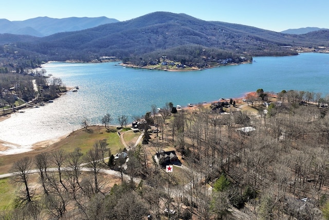 bird's eye view with a water and mountain view