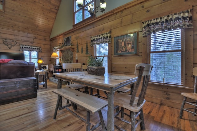 dining room with hardwood / wood-style flooring, wood walls, and a healthy amount of sunlight