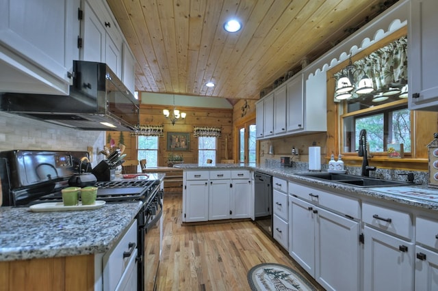 kitchen featuring pendant lighting, wooden ceiling, white cabinets, sink, and gas stove