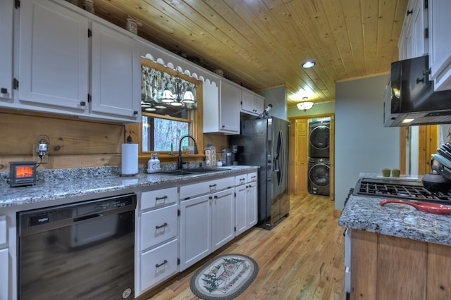 kitchen featuring wood ceiling, white cabinetry, and black appliances