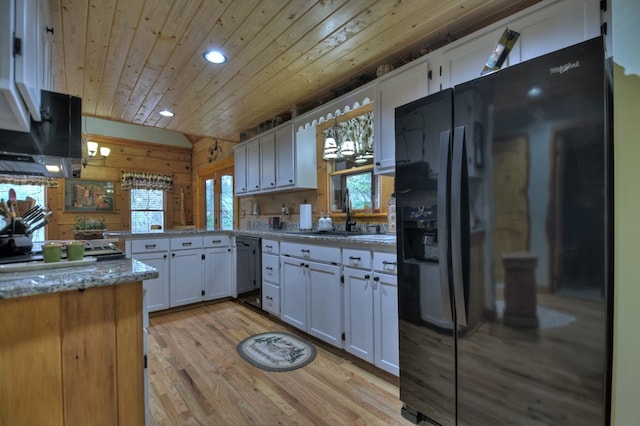 kitchen with black appliances, white cabinetry, wood ceiling, and light hardwood / wood-style flooring