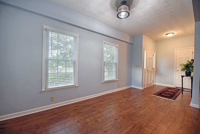 foyer entrance featuring a healthy amount of sunlight, dark hardwood / wood-style floors, and a textured ceiling