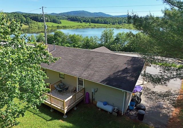 bird's eye view featuring a water and mountain view