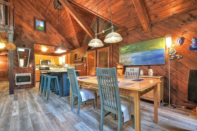 112 Songbird, Blue Ridge, GA 30513 - dining area featuring wood walls, heating unit, wood ceiling with exposed beams, wood-type flooring, and high vaulted ceiling