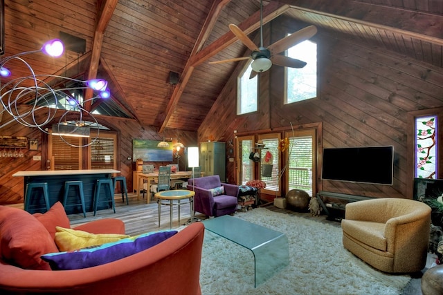 112 Songbird, Blue Ridge, GA 30513 - living room with wood walls, ceiling fan, wood ceiling with exposed beams, and high vaulted ceiling
