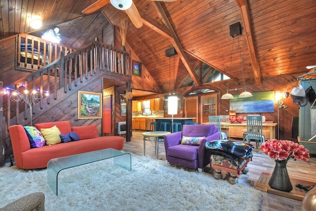 112 Songbird, Blue Ridge, GA 30513 - living room with wooden ceiling with exposed beams, wood walls, high vaulted ceiling, ceiling fan, and wood finished floors