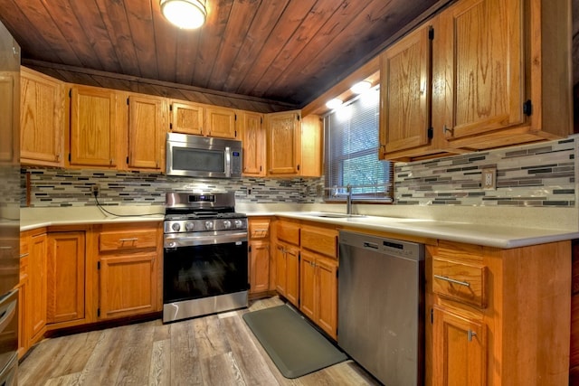 112 Songbird, Blue Ridge, GA 30513 - kitchen with stainless steel appliances, wooden ceiling, light wood-style flooring, tasteful backsplash, and light countertops