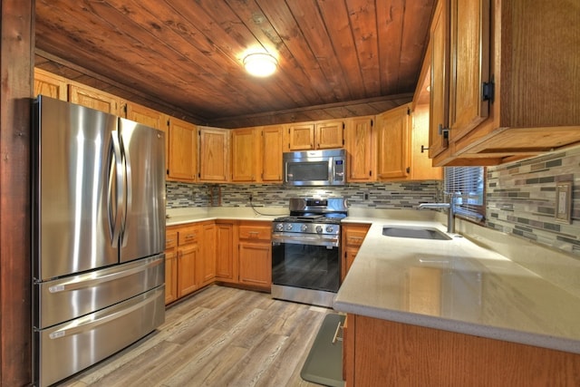 112 Songbird, Blue Ridge, GA 30513 - kitchen with stainless steel appliances, a sink, wood ceiling, light wood-type flooring, and decorative backsplash