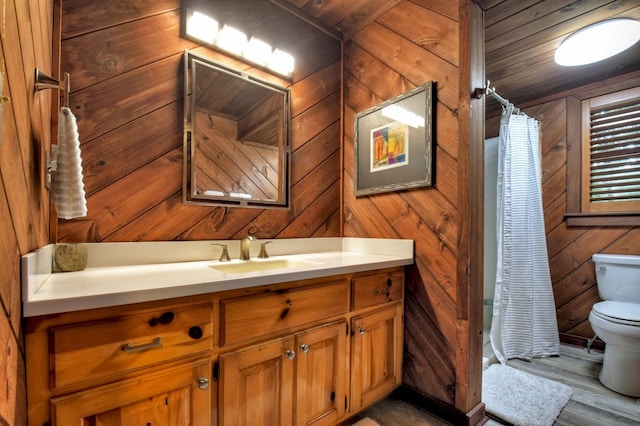 112 Songbird, Blue Ridge, GA 30513 - bathroom featuring toilet, vanity, wood finished floors, and wooden walls