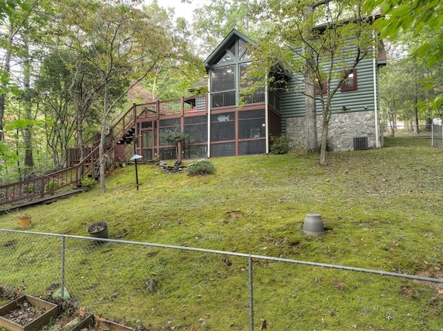 112 Songbird, Blue Ridge, GA 30513 - view of yard with a sunroom, stairs, central AC, and a deck