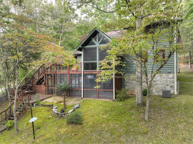 112 Songbird, Blue Ridge, GA 30513 - rear view of house with a sunroom, stairway, cooling unit, stone siding, and a wooden deck