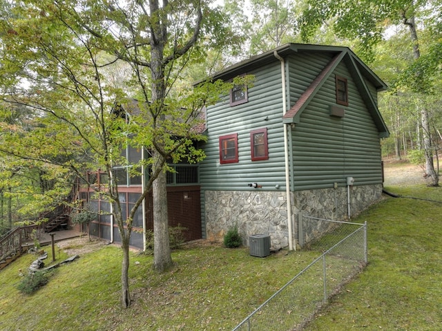 112 Songbird, Blue Ridge, GA 30513 - view of property exterior featuring stairway, log veneer siding, a sunroom, and central AC