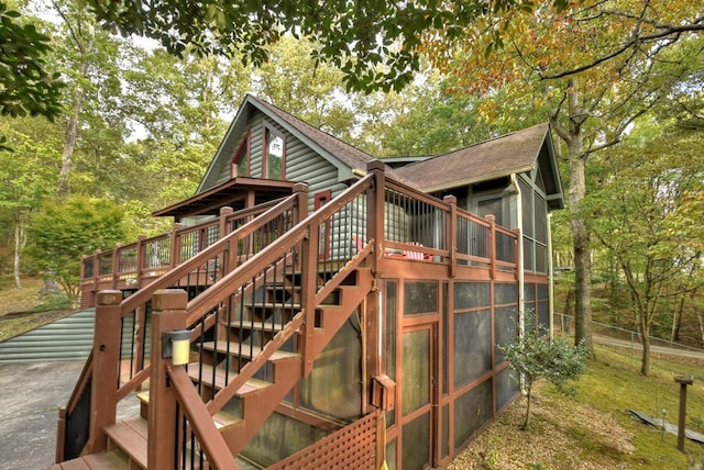 112 Songbird, Blue Ridge, GA 30513 - back of property with stairway, roof with shingles, and a wooden deck