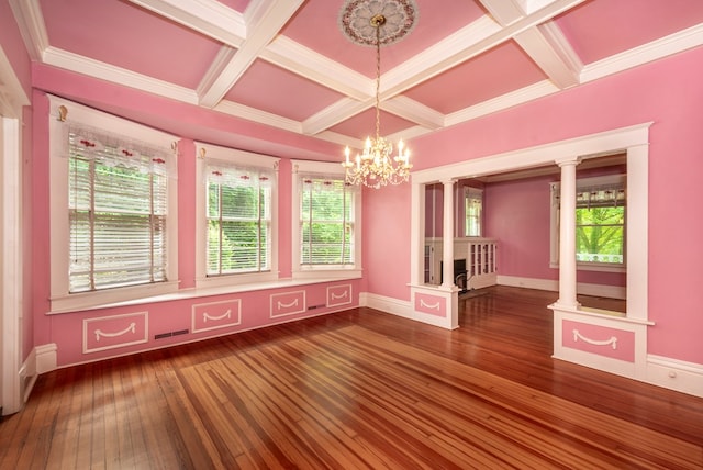 10 New Town St, Tate, GA 30177 - spare room with coffered ceiling, hardwood / wood-style flooring, a chandelier, plenty of natural light, and beam ceiling