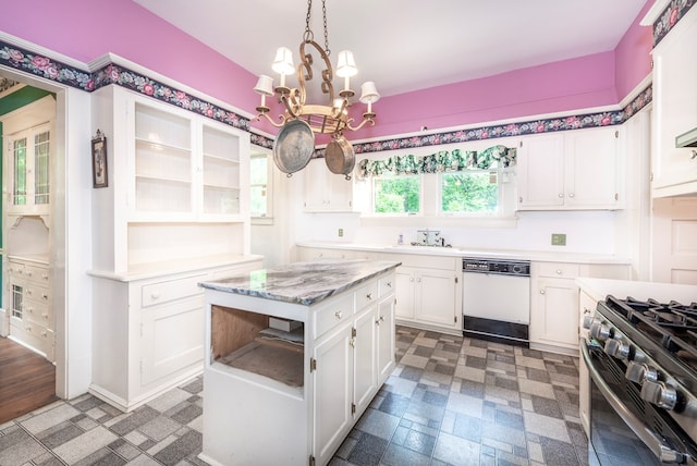 10 New Town St, Tate, GA 30177 - kitchen with white dishwasher, white cabinetry, a sink, a chandelier, and gas range