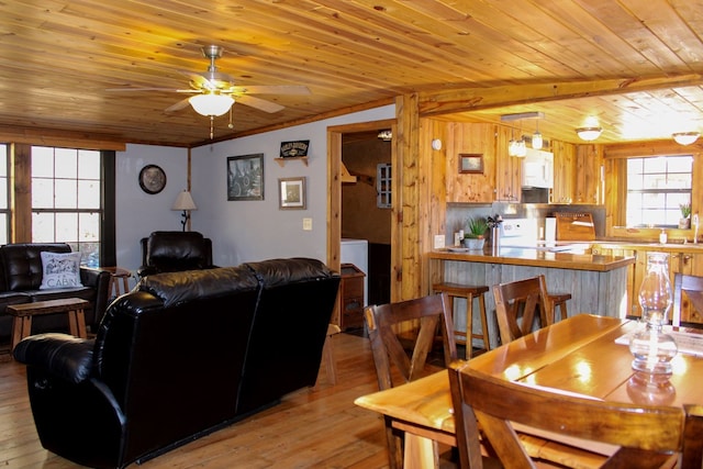 living room featuring beam ceiling, ceiling fan, wood ceiling, and light wood-type flooring