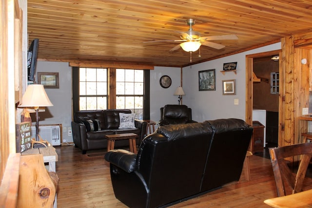 living room featuring wooden ceiling, ceiling fan, light hardwood / wood-style floors, and ornamental molding