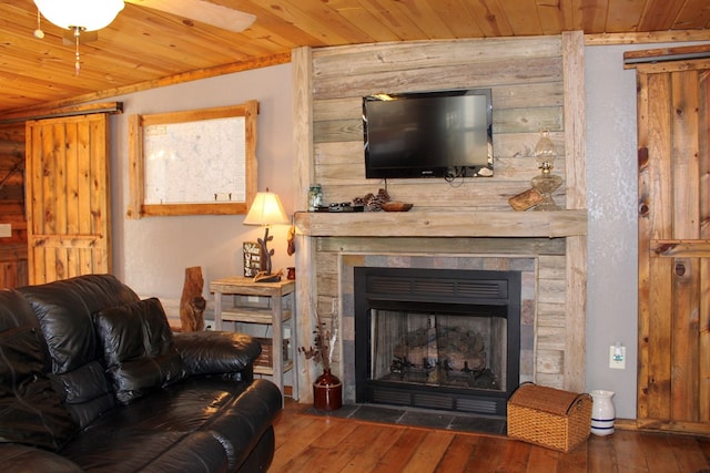 living room featuring a fireplace, wooden walls, dark hardwood / wood-style flooring, and wood ceiling