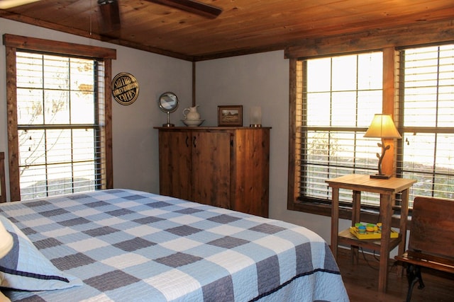 bedroom with wood-type flooring, multiple windows, and wood ceiling