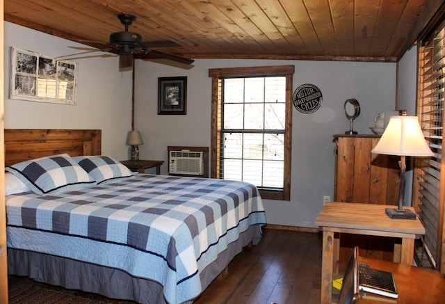 bedroom with a wall mounted AC, wooden ceiling, ceiling fan, and dark wood-type flooring