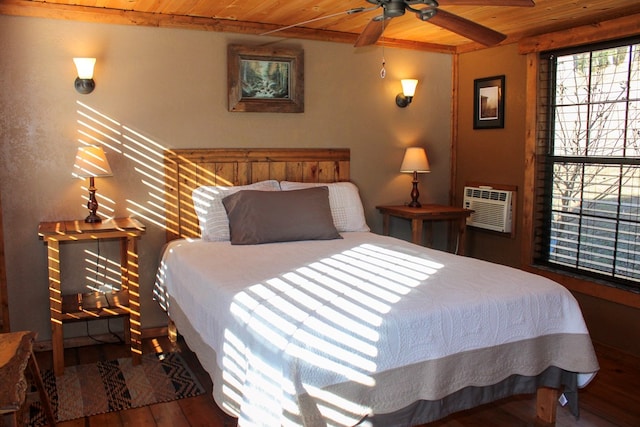 bedroom with an AC wall unit, ceiling fan, wooden ceiling, and dark hardwood / wood-style floors